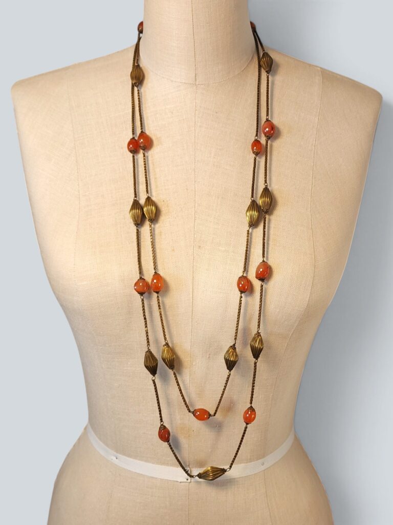 Vintage Sri Lankan Brass and Carnelian Bead Long Necklace with Ribbed Brass Beads and Box Chain